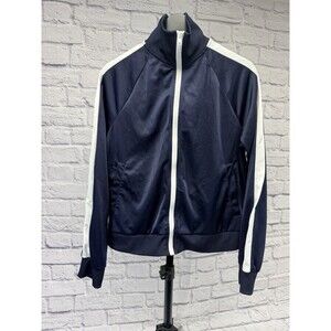H&M Womens Small Track Jacket Navy Blue White Stripe Full Zip Pockets